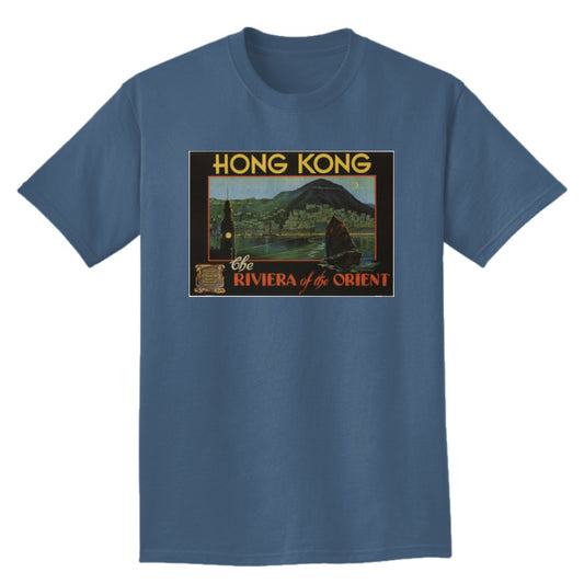 Hong Kong The Riviera of the Orient Crewneck T-Shirt - Vintage Blue Relaxed Fit